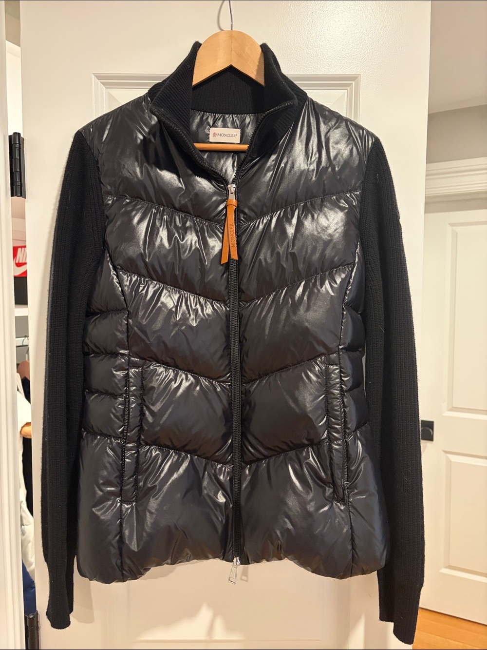 Moncler Black Quilted Puffer Jacket with Knit Sleeves and Tan Leather Pull
